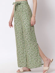 Kotty Women Green Floral Printed Relaxed Flared High-Rise Easy Wash Pleated Trousers