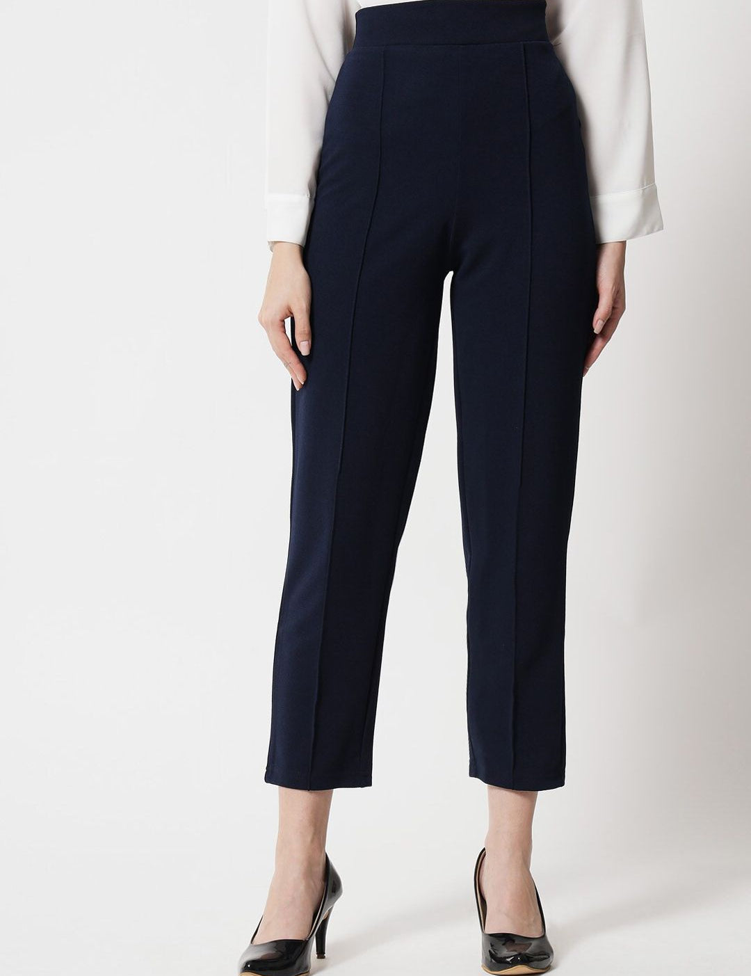 Kotty Women Navy Blue Relaxed Straight Fit High-Rise Easy Wash Trouser