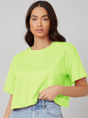 Kotty Round Neck Drop-Shoulder Sleeves Oversized Crop T-shirt