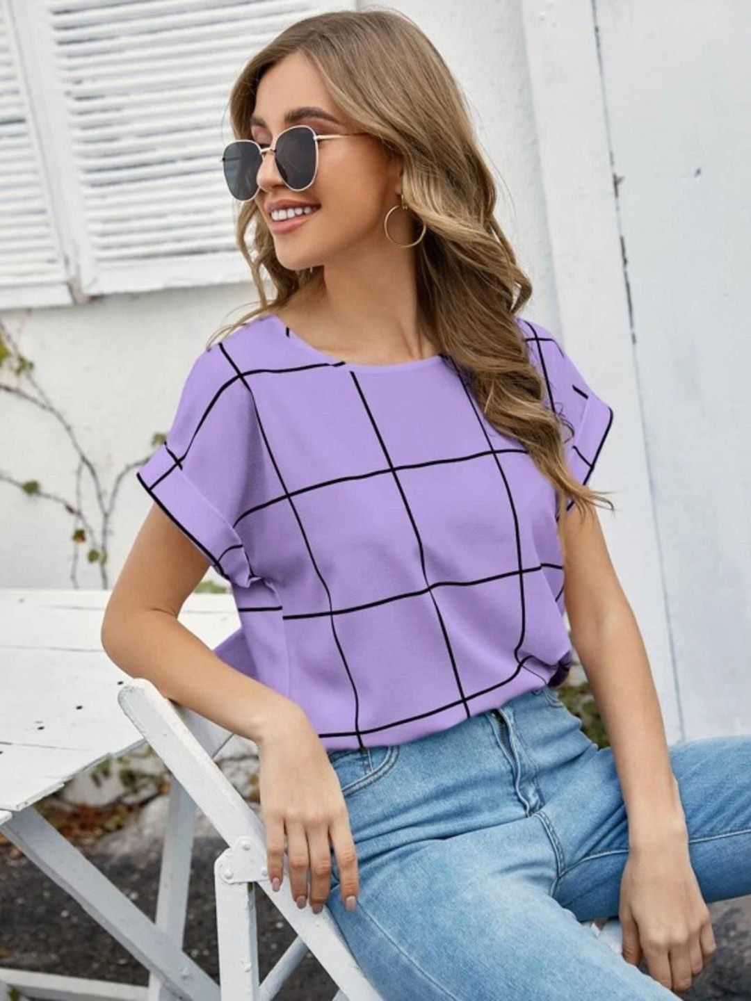 Kotty Purple Checked Extended Sleeves Regular Top