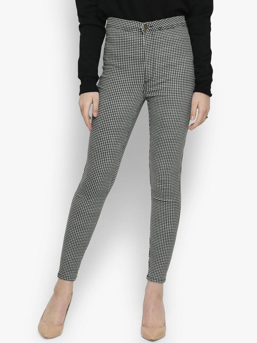 Kotty Women Grey & White Skinny Fit High-Rise Clean Look Checked Jeans