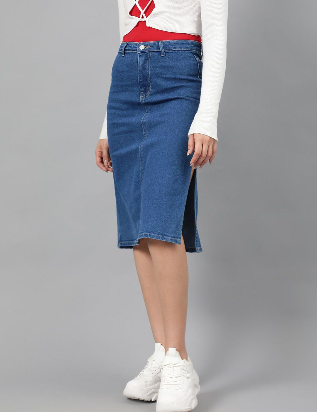 Kotty Blue Knee-Length Denim Straight Skirt