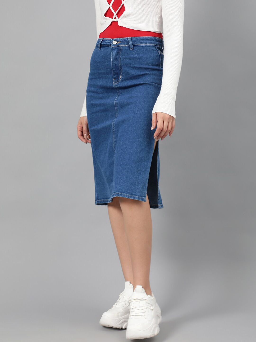 Kotty Blue Knee-Length Denim Straight Skirt