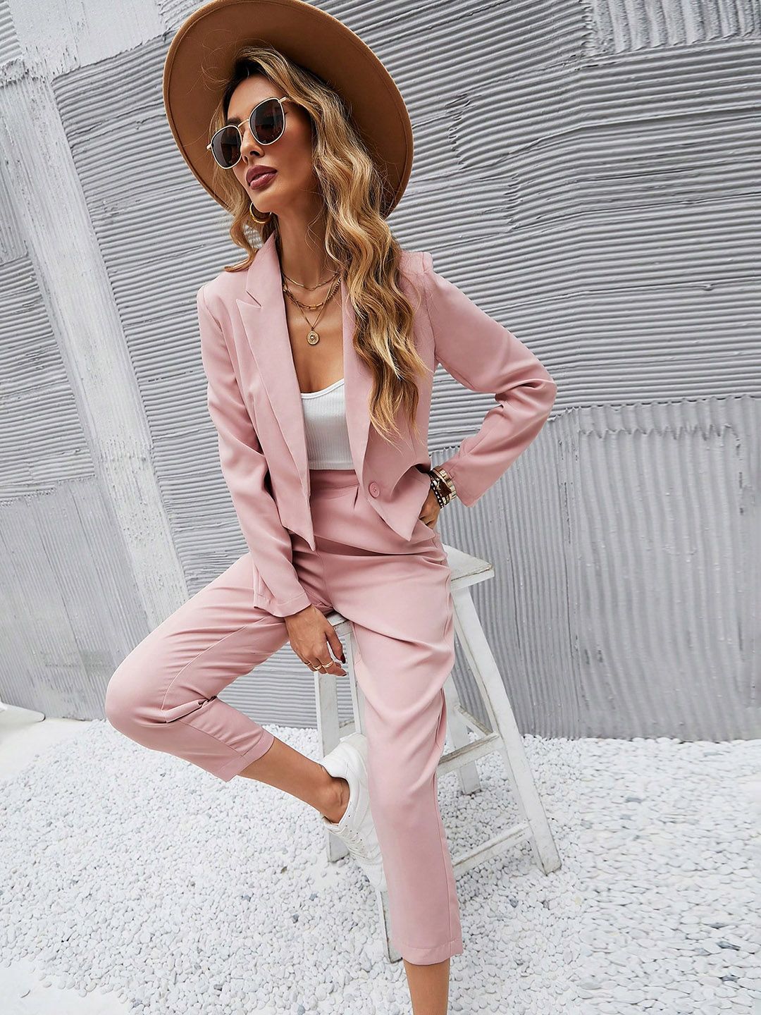 Kotty Pink Notched Lapel Collar Long Sleeves Blazer With Trouser