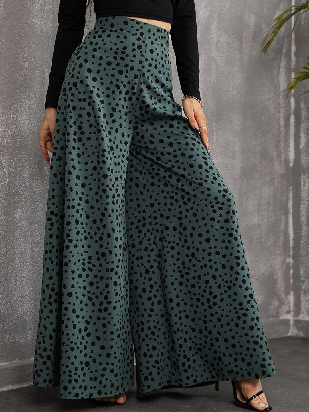 Kotty Women Green Printed Relaxed Flared High-Rise Easy Wash Trousers