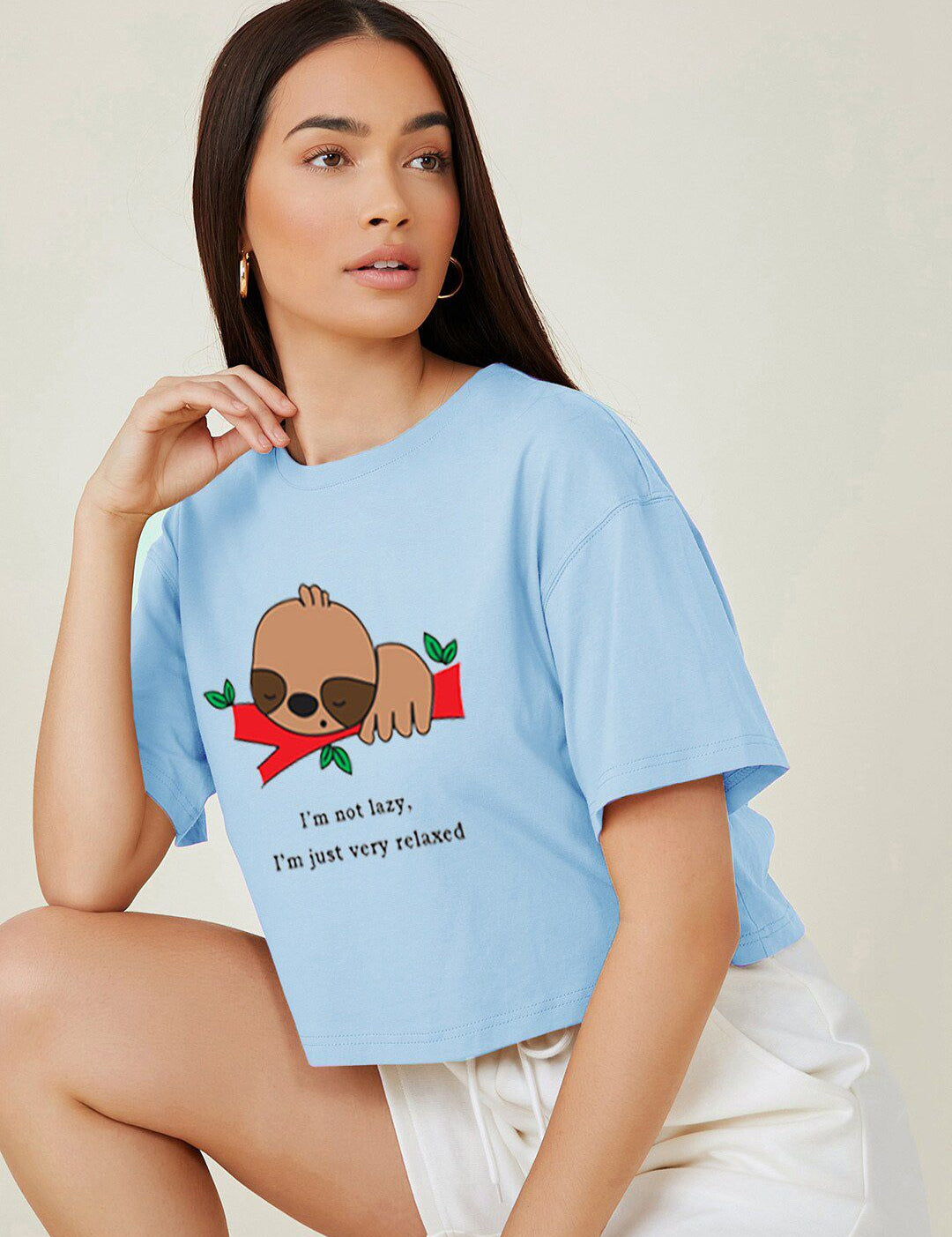 Kotty Typography Printed Round Neck Crop Oversized T-shirt