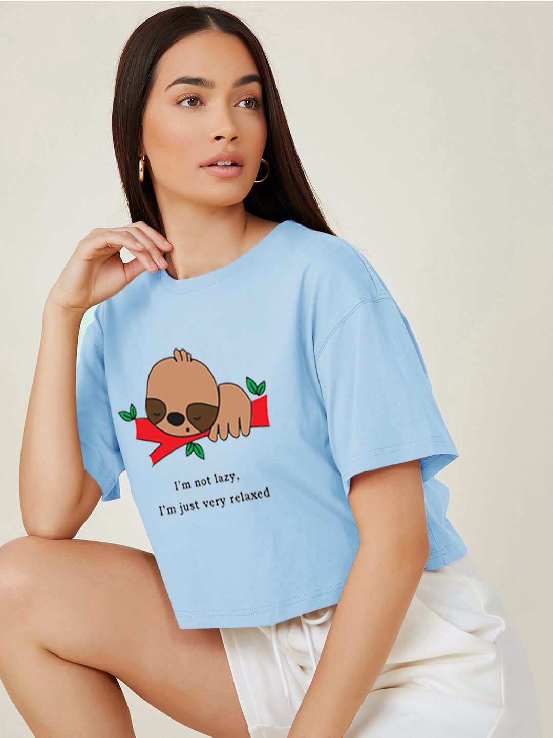 Kotty Typography Printed Round Neck Crop Oversized T-shirt