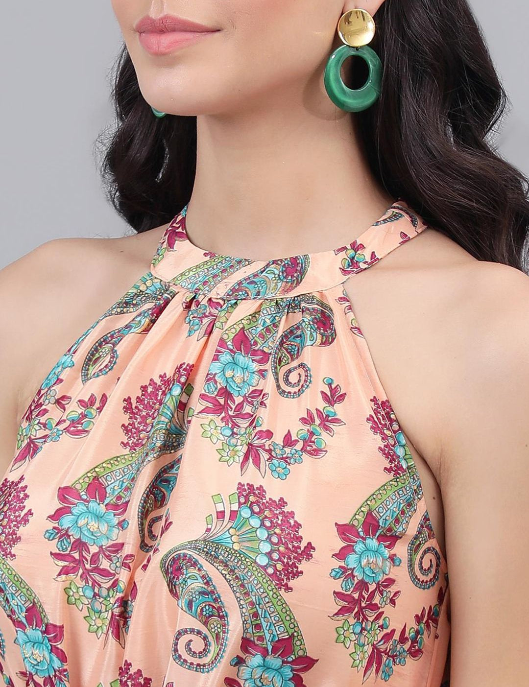 Kotty Orange and Maroon Paisley Printed Choker Neck Tiered Fit & Flare Midi Dress