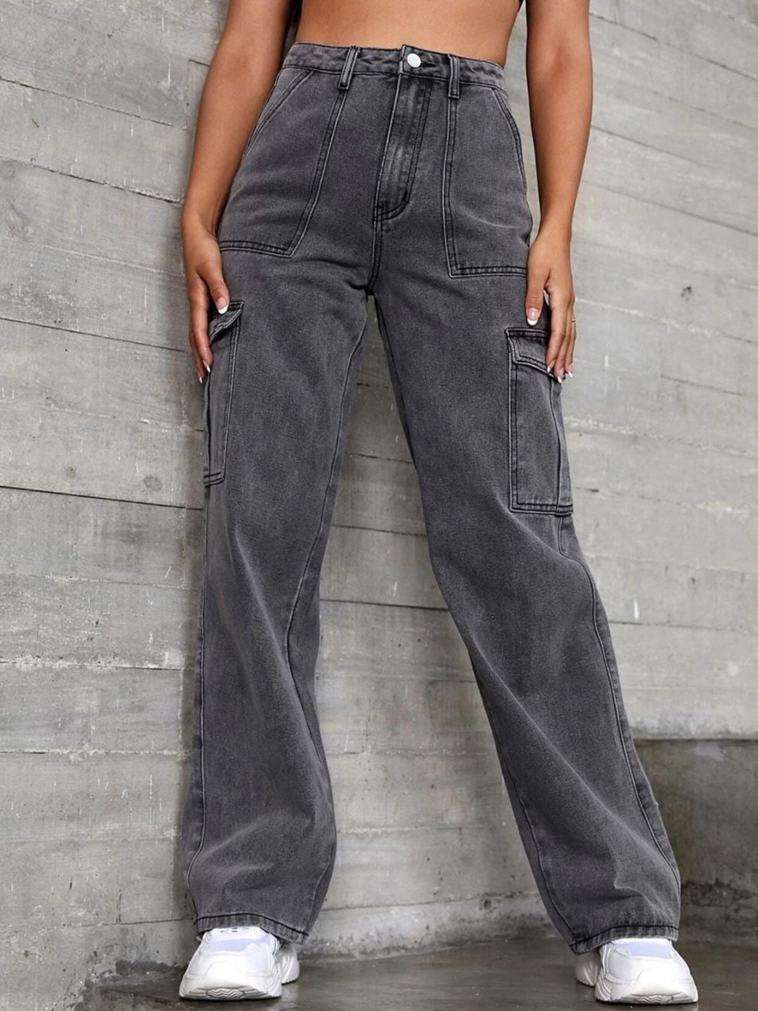 Kotty Women Grey Jean Straight Fit High Rise Light Fade Clean Look Stretchable Jeans