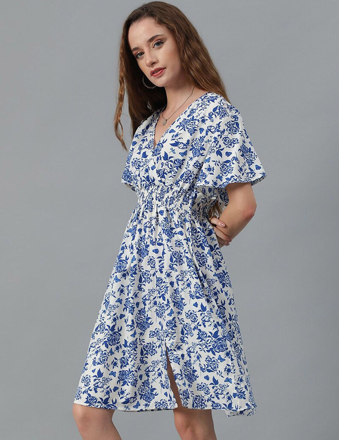 Kotty Blue Floral Print Flared Sleeve Fit & Flare Dress