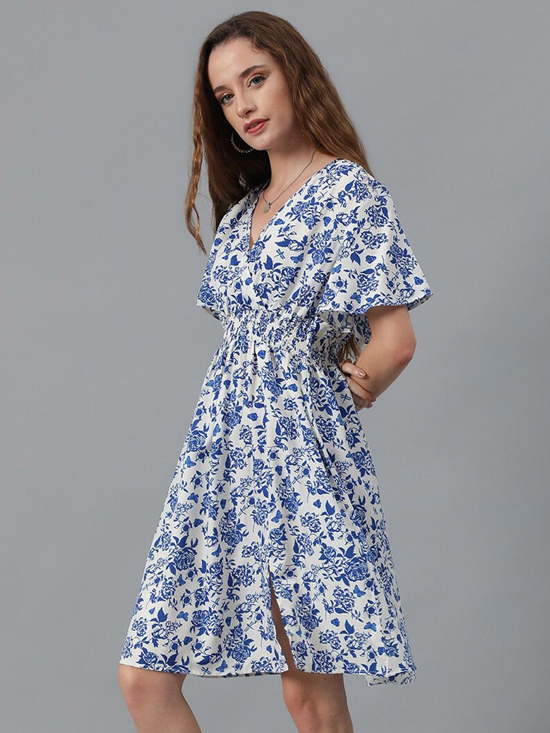 Kotty Blue Floral Print Flared Sleeve Fit & Flare Dress
