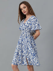 Kotty Blue Floral Print Flared Sleeve Fit & Flare Dress