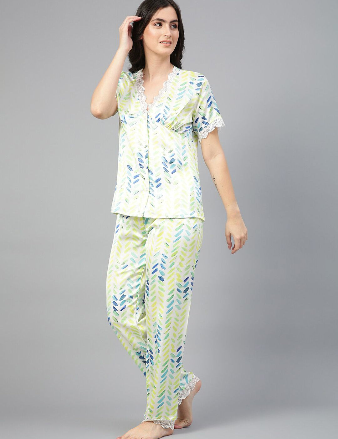 Kotty Blue & White Abstract Printed Satin Night Suit