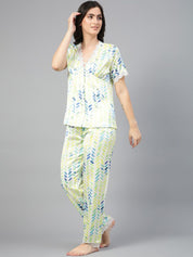 Kotty Blue & White Abstract Printed Satin Night Suit