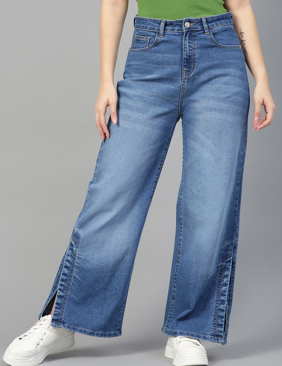 Kotty Women Jean Wide Leg High-Rise Light Fade Stretchable Side Slits Jeans