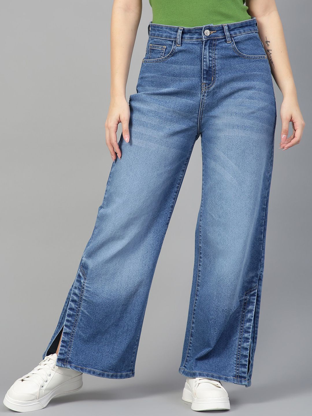 Kotty Women Jean Wide Leg High-Rise Light Fade Stretchable Side Slits Jeans