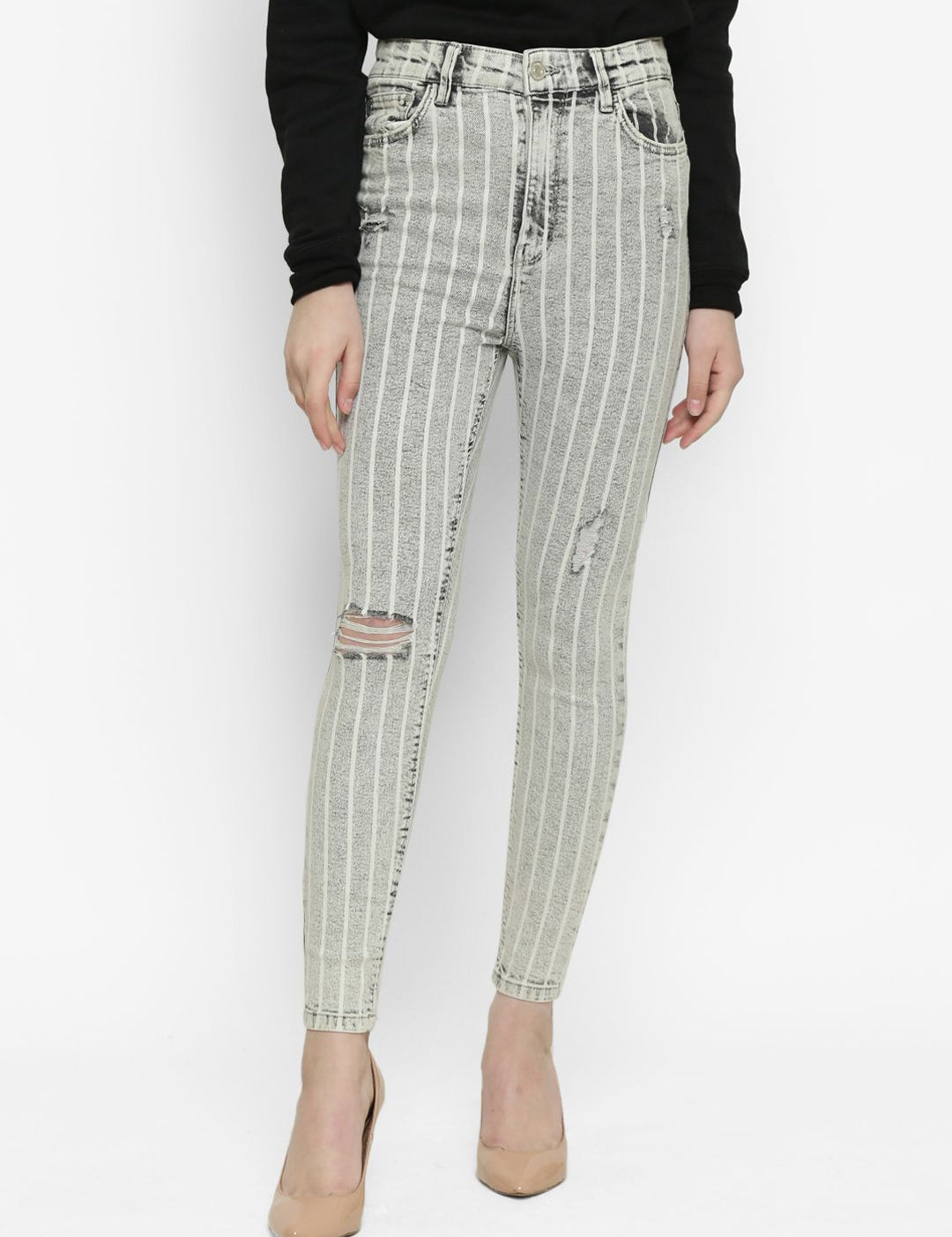 Kotty Women Grey & White Skinny Fit High-Rise Mildly Distressed Striped Jeans