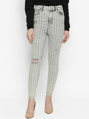 Kotty Women Grey & White Skinny Fit High-Rise Mildly Distressed Striped Jeans
