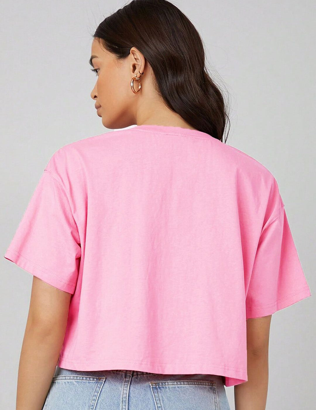 Kotty Pink Printed Round Neck Drop-Shoulder Sleeves Crop Oversized T-shirt
