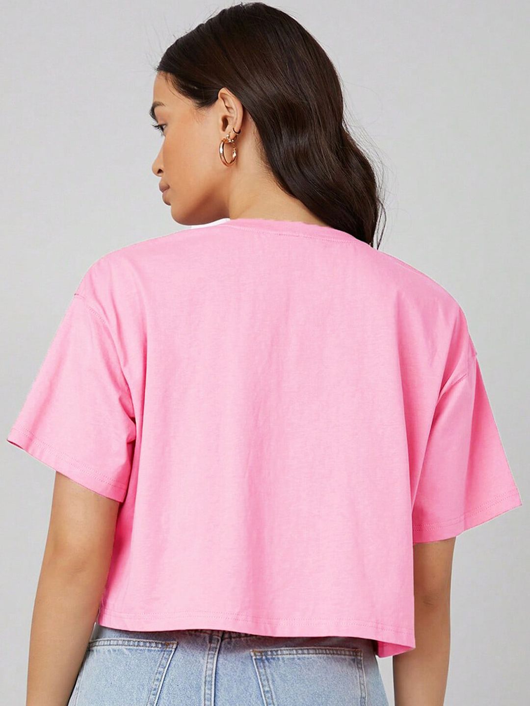 Kotty Pink Printed Round Neck Drop-Shoulder Sleeves Crop Oversized T-shirt