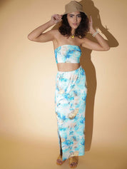 Kotty Blue Printed Strapless Top With Skirt