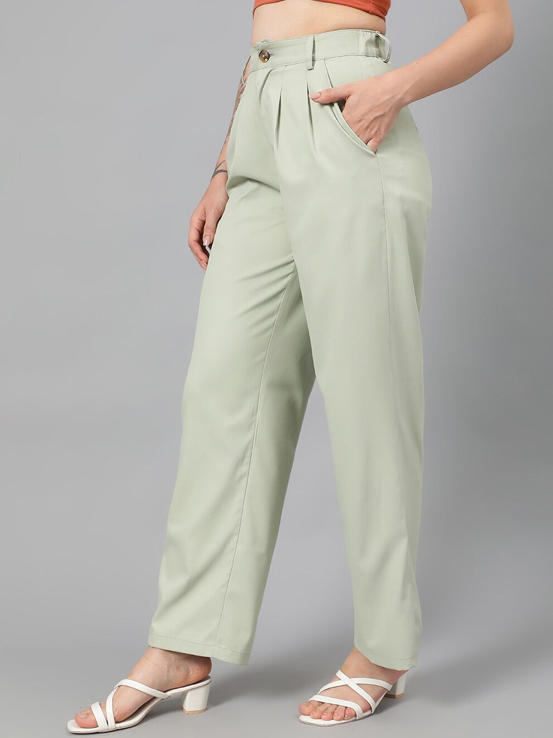 Kotty Women Green Relaxed Straight Leg Fit High-Rise Easy Wash Pleated Parallel Trousers