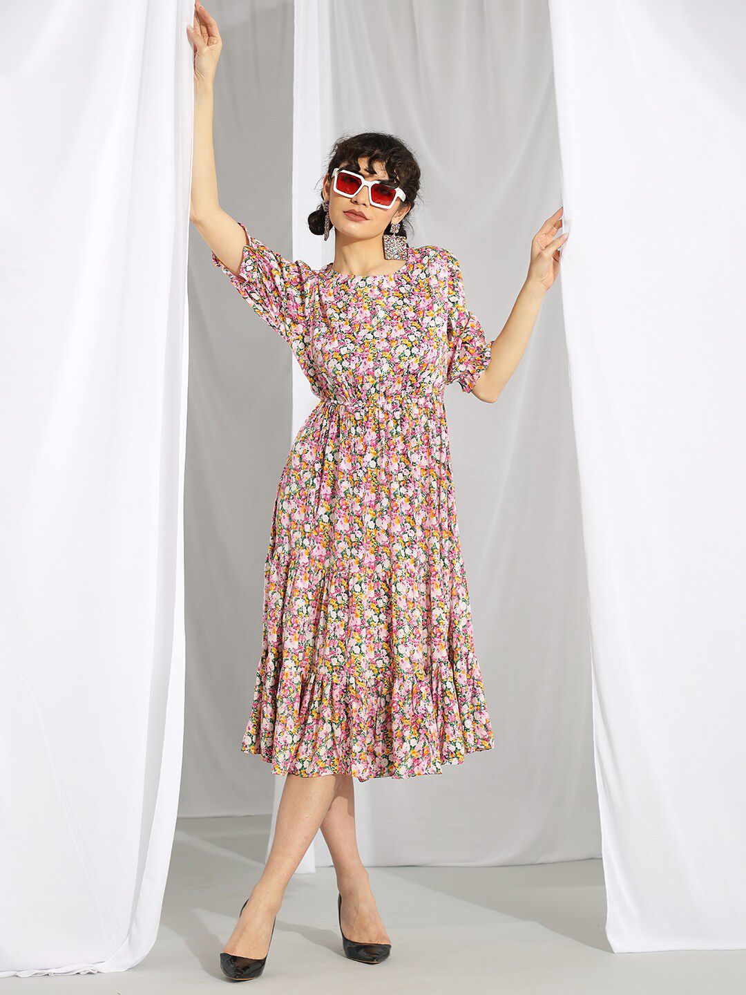 Kotty Pink & Green Floral Printed Puff Sleeves Fit & Flare Midi Dress