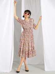 Kotty Pink & Green Floral Printed Puff Sleeves Fit & Flare Midi Dress