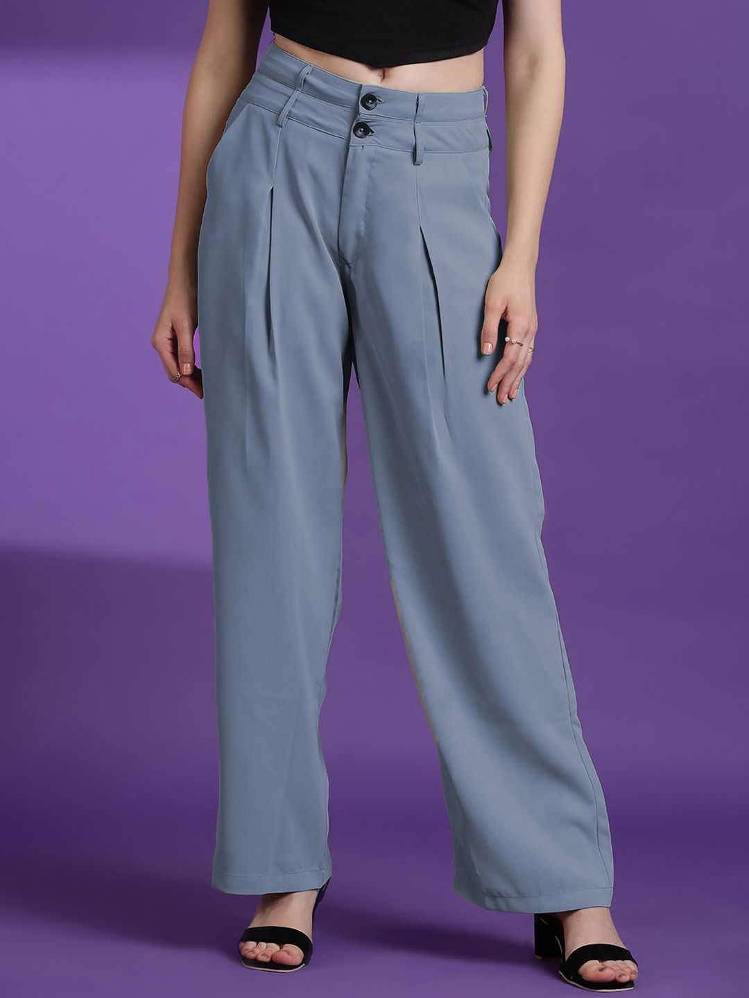Kotty Women Straight Fit High-Rise Easy Wash Pleated Trousers