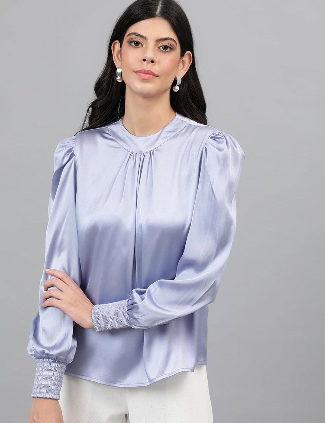 Kotty Purple Puff Sleeves Satin Top