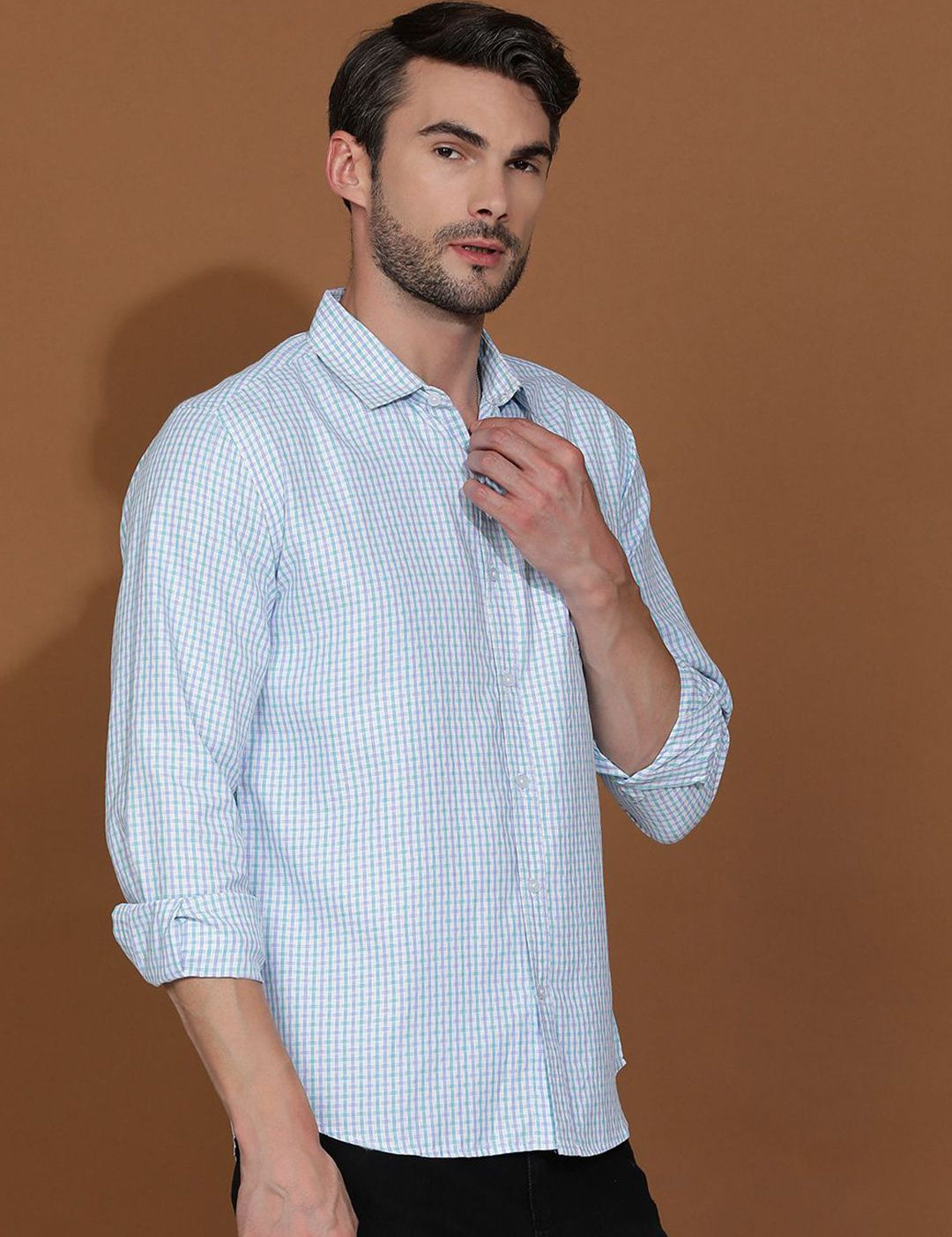 Kotty Blue New Spread Collar Checked Casual Shirt