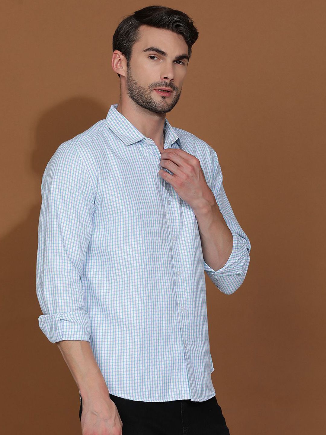 Kotty Blue New Spread Collar Checked Casual Shirt