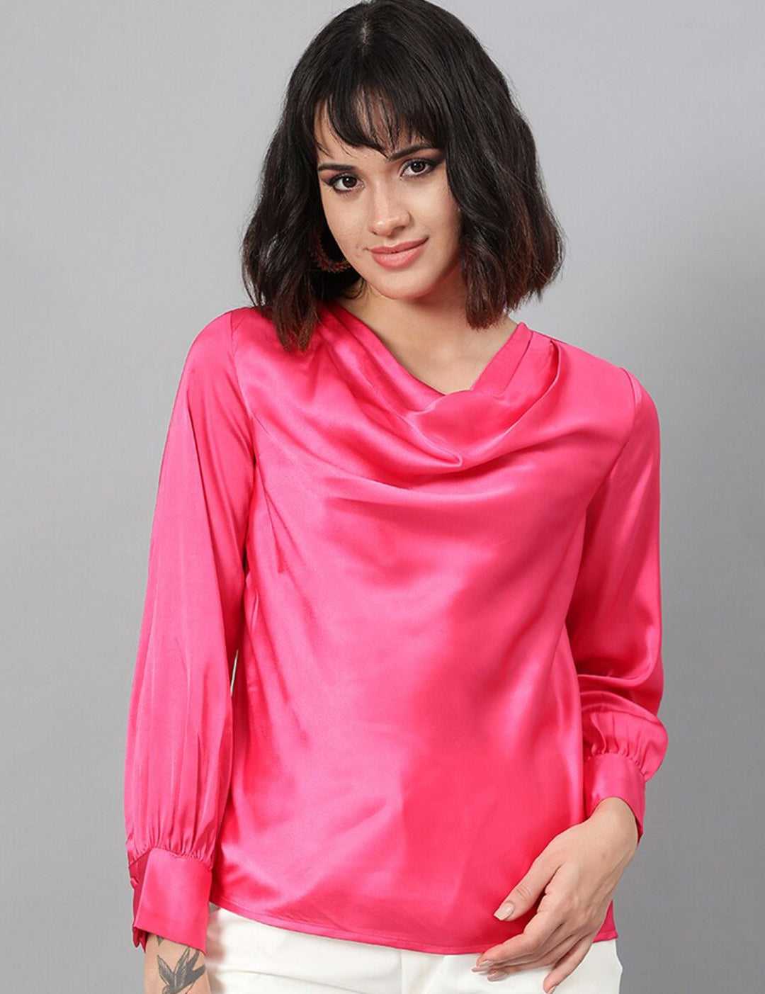 Kotty Pink Cowl Neck Cuffed Sleeve Satin Regular Top