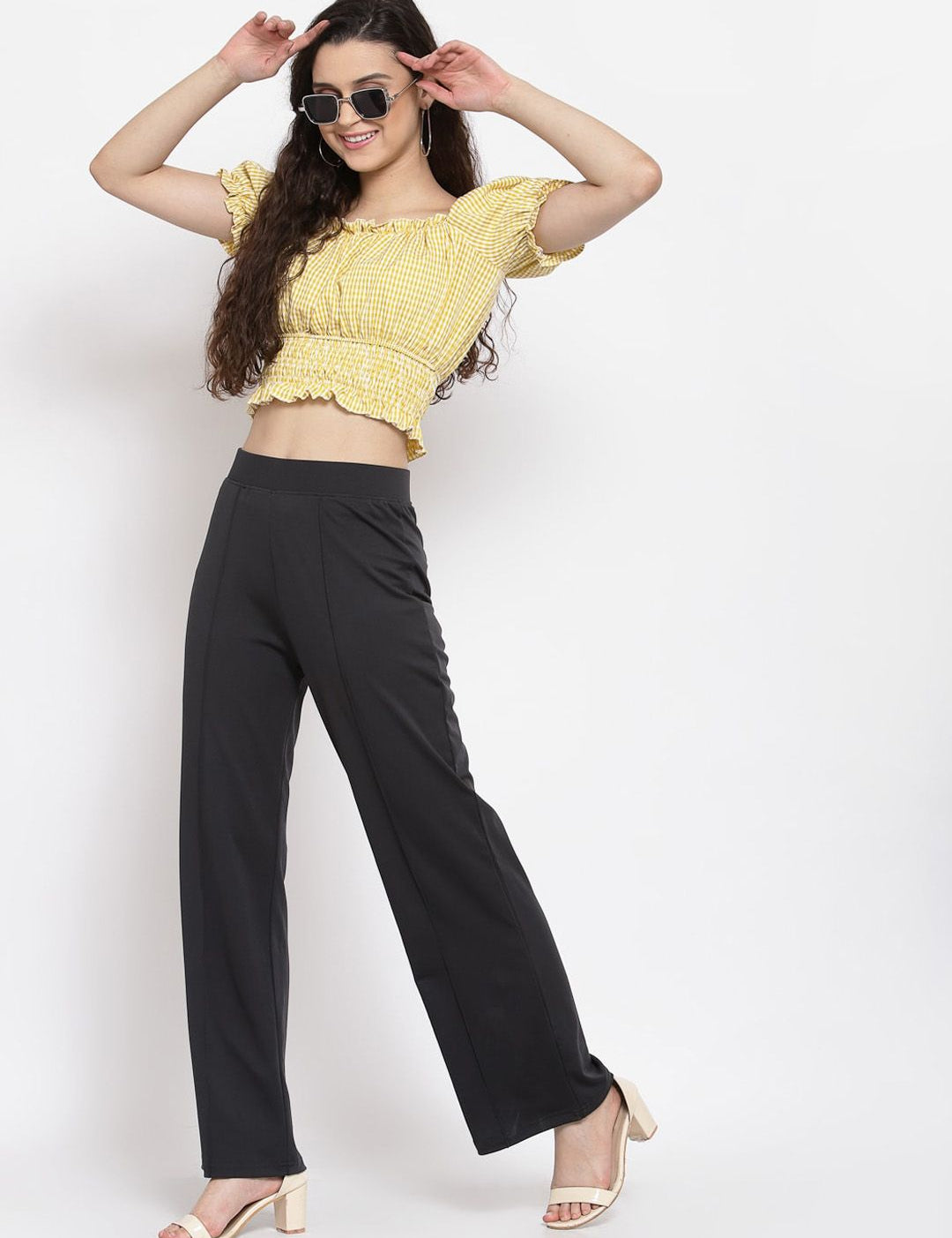 Kotty Women Black Flared High-Rise Pleated Parallel Trousers