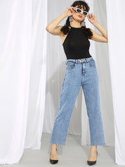 Kotty Women Blue Straight Fit High-Rise Heavy Fade Stretchable Jeans