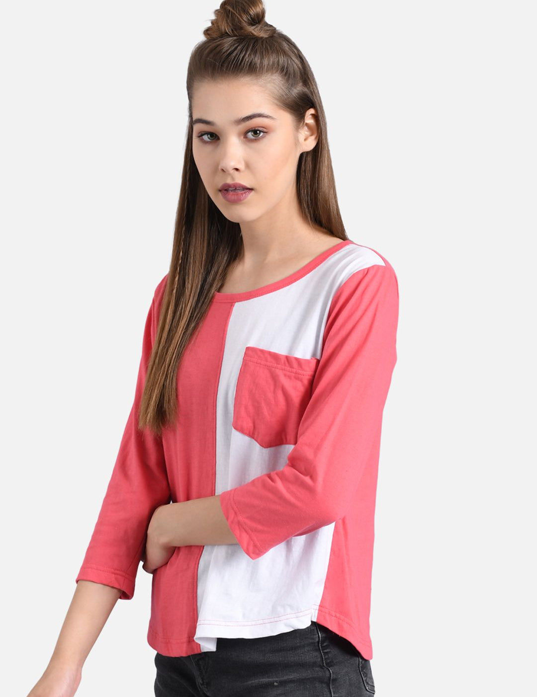 Kotty Women Coral Pink & White Colourblocked Round Neck T-shirt