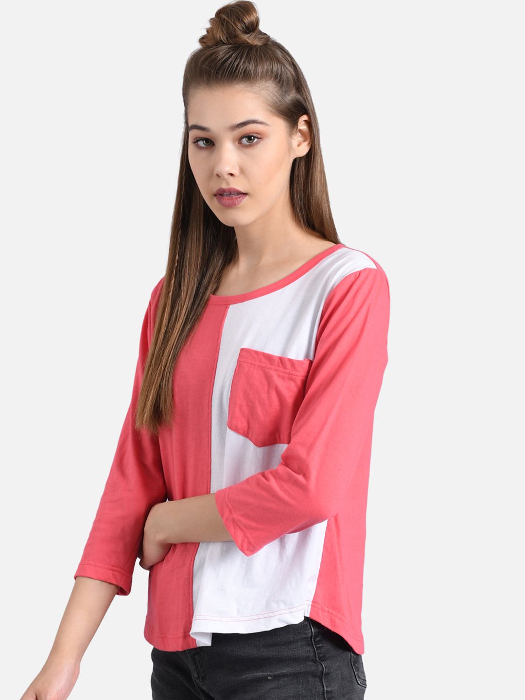 Kotty Women Coral Pink & White Colourblocked Round Neck T-shirt