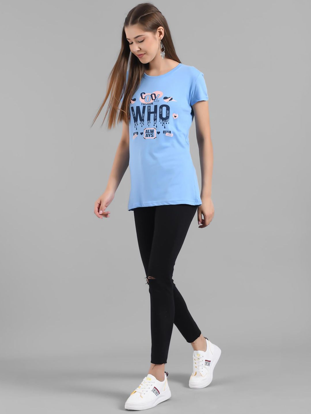 Kotty Women Blue Printed Round Neck T-shirt