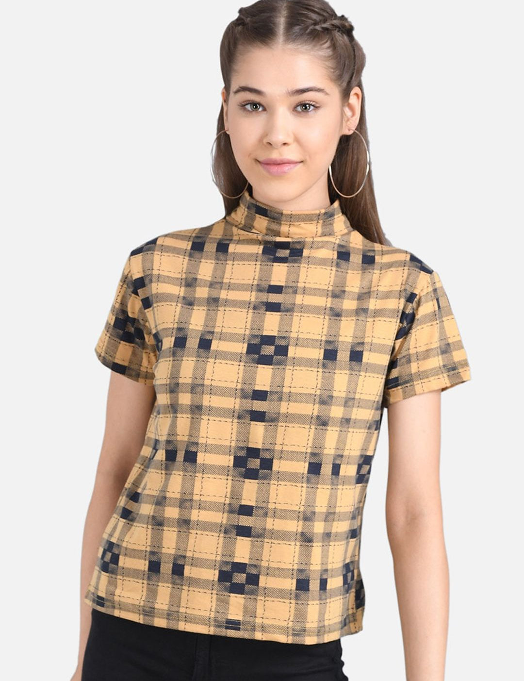 Kotty Women Beige Checked Pure Cotton Top