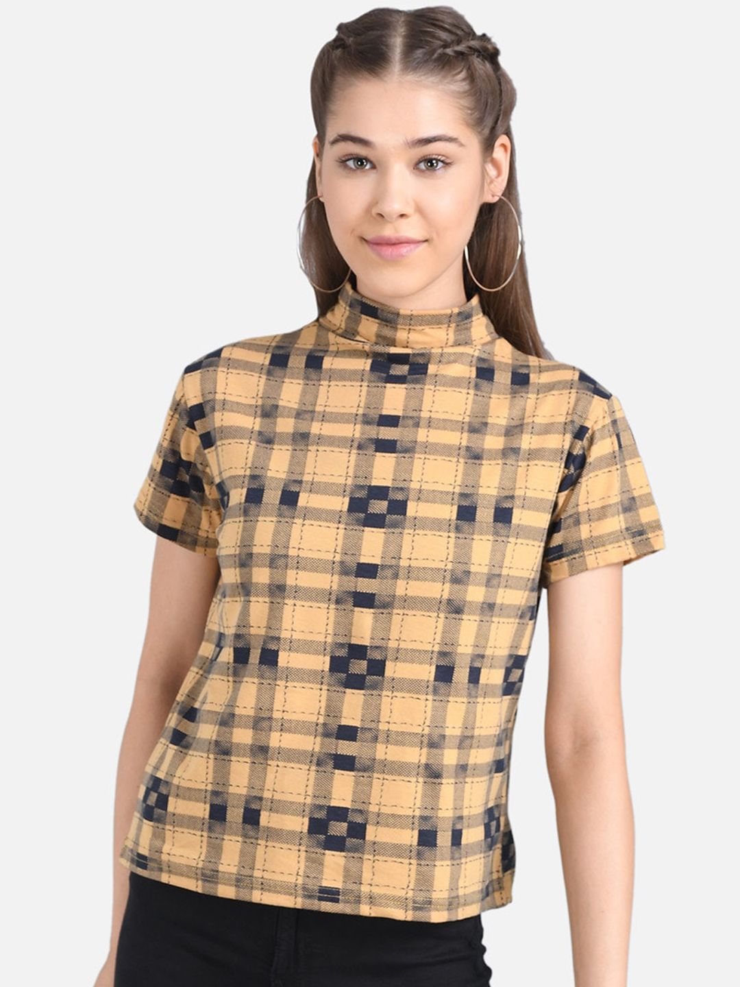 Kotty Women Beige Checked Pure Cotton Top