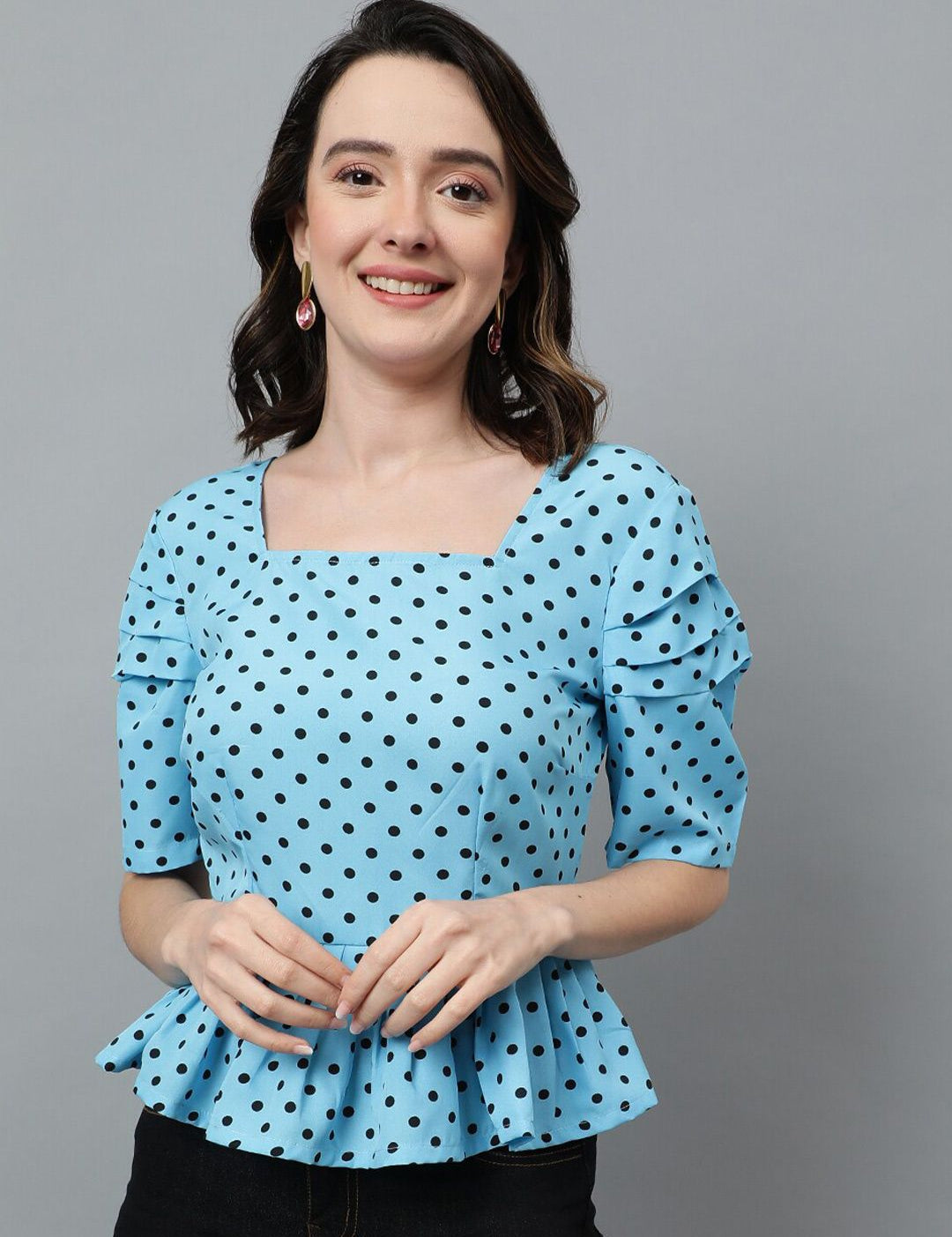 Kotty Blue Polka Dot Printed Crepe Peplum Top