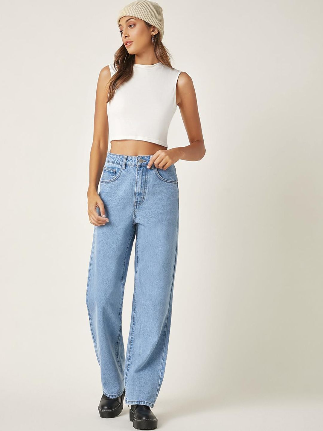 KOTTY Basics Women Jean Straight Fit High-Rise Clean Look Heavy Fade Stretchable Cotton Jeans