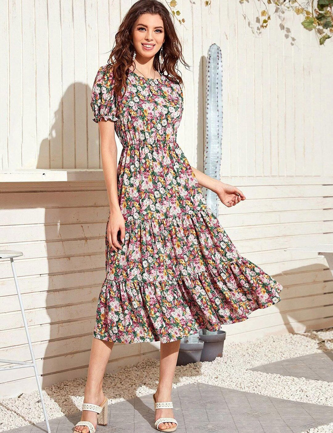 Kotty Floral Printed Puff Sleeves Midi Fit & Flare Dress