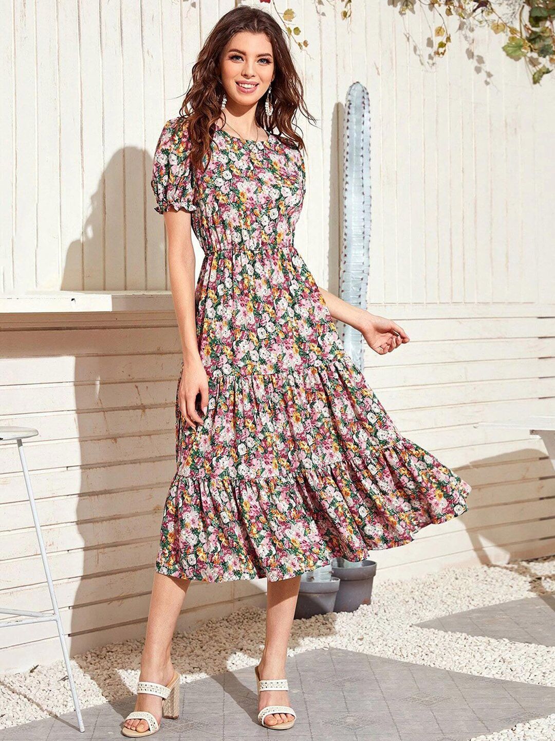 Kotty Floral Printed Puff Sleeves Midi Fit & Flare Dress