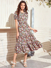 Kotty Floral Printed Puff Sleeves Midi Fit & Flare Dress