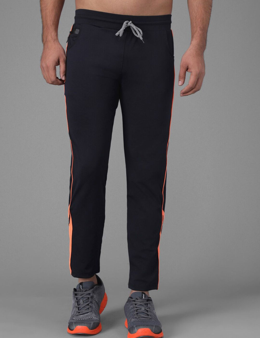 Kotty Men Navy Blue & Orange Striped Slim-Fit Track Pants
