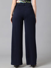 KOTTY BIZwear Women Navy Blue Relaxed Straight Leg  High-Rise Easy Wash Pleated Parallel Trousers