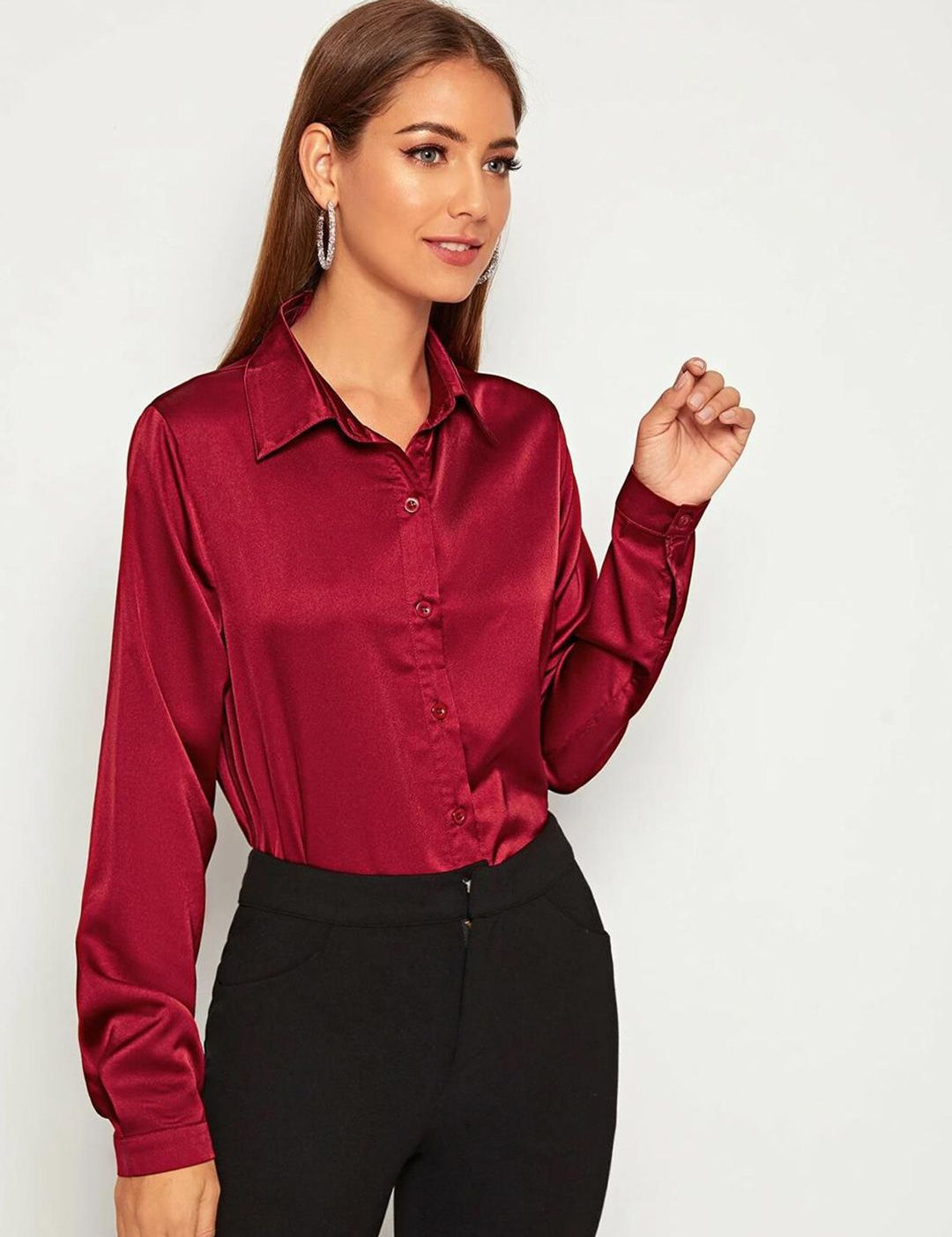 KOTTY BIZwear Maroon Modern Spread Collar Satin Casual Shirt