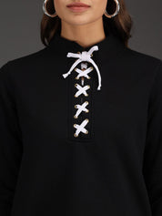 Kotty Women Black & White Solid Fleece Sweatshirt