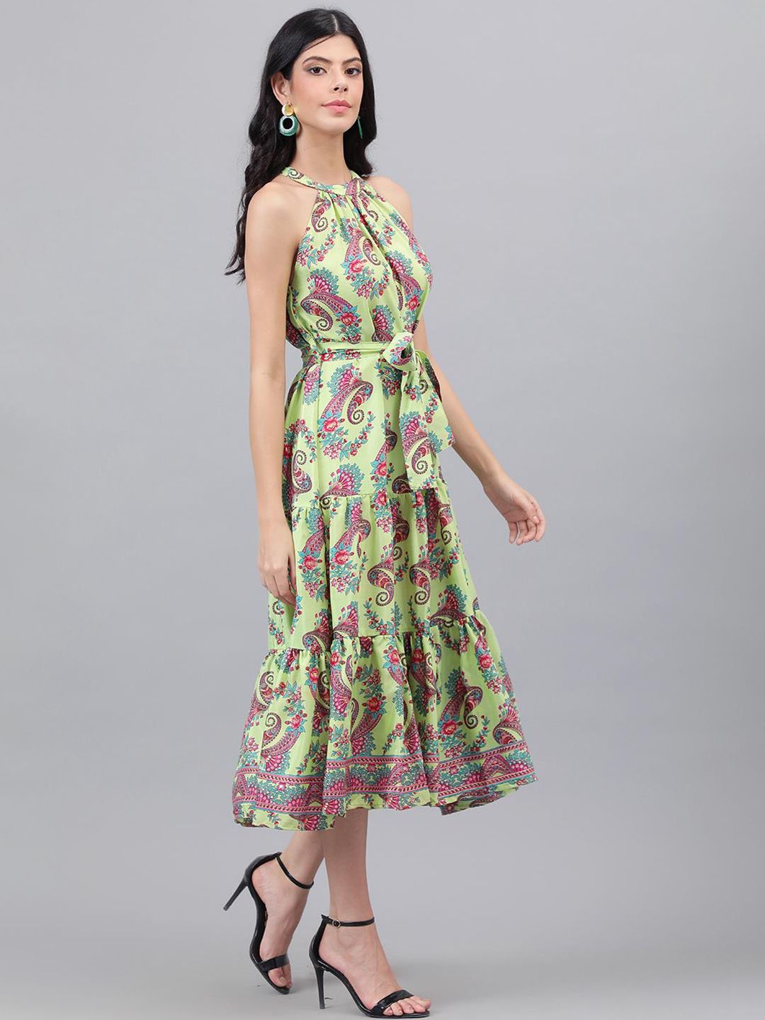 Kotty Green And Maroon Paisley Printed Halter Neck Tiered Fit & Flare Midi Dress